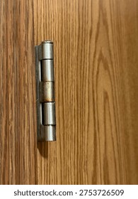 Interior door hinge hardware mounted on wooden door frame showing residential construction detail.