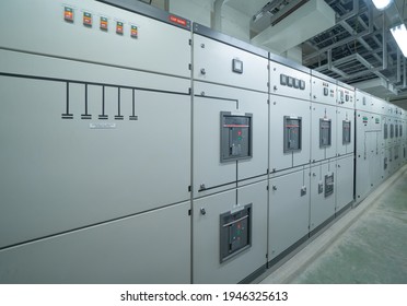 Interior Of Electrical Room. Power Energy Motor Machinery Cabinets In Control Or Server Room, Main Operator Station Network And Circuit Center In Industry Factory Manufacturing System. Generator