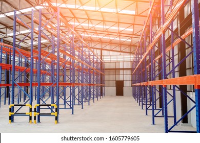 Interior of Empty Big Huge Warehouse. New Large Scale Distribution Warehouse with High Empty Shelves.