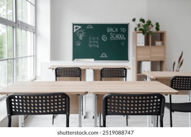 Interior of empty classroom with school desks and text BACK TO SCHOOL on chalkboard