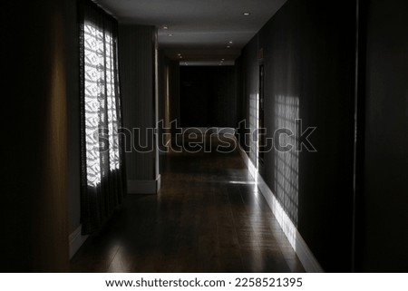Interior of empty dark hallway with gray walls and curtained windows and wooden floor with sunrays