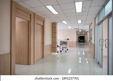 Interior Of Empty Hospital Corridor With Various Rooms And Trolley Patient Service At Reception