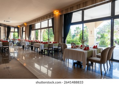 Interior of an empty hotel restaurant
