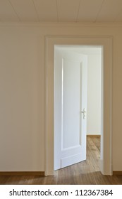 Interior Empty House With Wooden Floor, Door Open