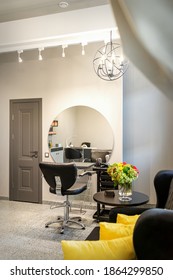 Interior Of Empty Modern Hair And Beauty Salon In Lights Tones