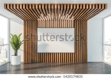 Interior of empty office hall with white and wooden walls, concrete floor, horizontal mock up poster frame and potted plant. Concept of advertising. 3d rendering