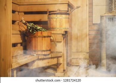 Interior of Finnish sauna, classic wooden sauna, Finnish bathroom, Relax in hot sauna with steam
