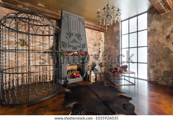 Interior Fireplace Candles Skin Cows Brick Stock Photo Edit Now