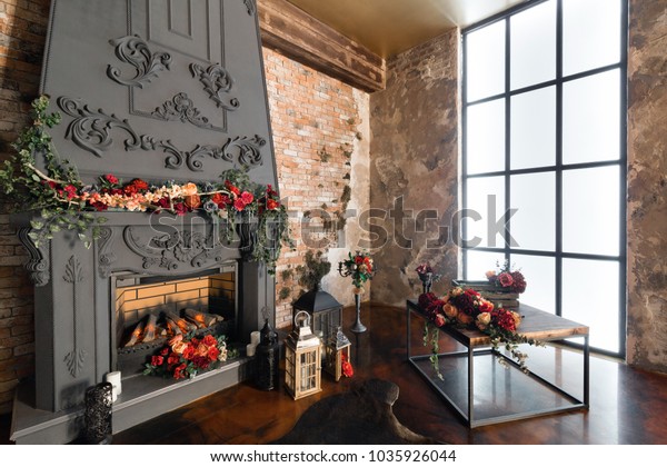 Interior Fireplace Candles Skin Cows Brick Stock Photo Edit Now