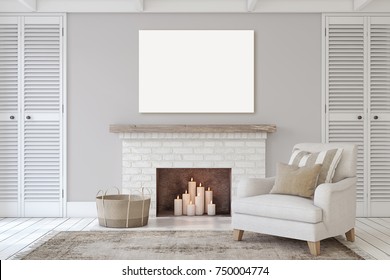 Interior with fireplace in farmhouse style. Canvas mock-up. 3d render.