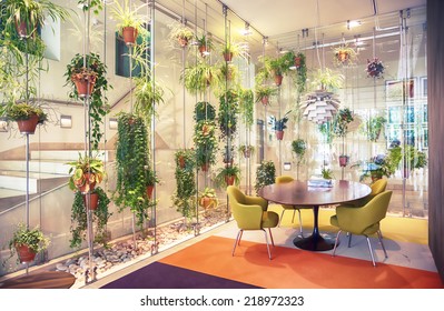 interior with flowers decoration in hall of modern house