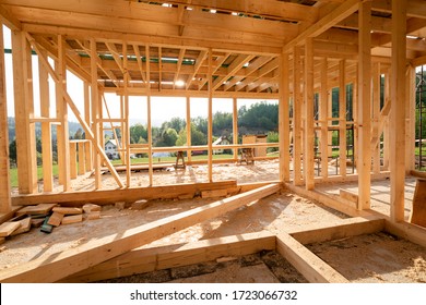 Interior Frame Of New Wooden House Under Construction