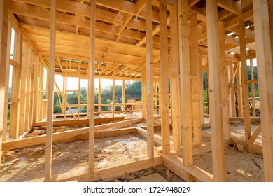 Interior frame of new wooden house under construction