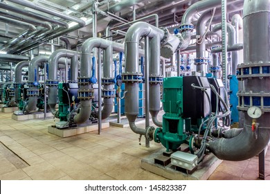 interior gas boiler room with multiple pipelines and pumps;