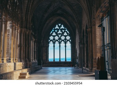 Interior of a gothic church with incredible views to the mountains. - Shutterstock ID 2103455954