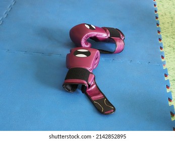 Interior Of A Gym, Boxing And Martial Arts Gloves Abandoned On A Training Mat.