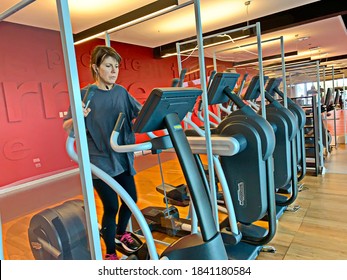 Interior Of A Gym Equipped With Safety Distance Training Against Covid. Turin , Italy - October 2020