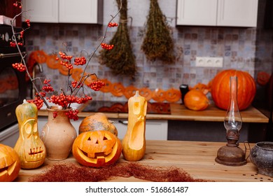 Interior Halloween With Pumpkins In The Kitchen.