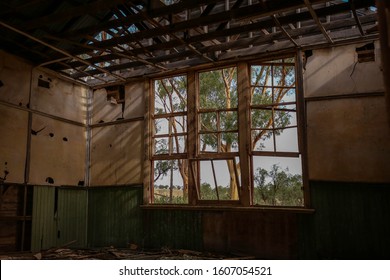 Interior Of Historic Rundown School, Dilapidated Old Building In Rural Central Victoria, Australia. Abandoned Building In Mologa. 