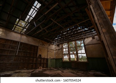 Interior Of Historic Rundown School, Dilapidated Old Building In Rural Central Victoria, Australia. Abandoned Building In Mologa. 