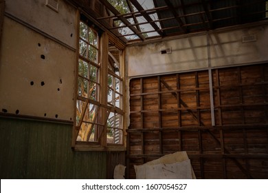 Interior Of Historic Rundown School, Dilapidated Old Building In Rural Central Victoria, Australia. Abandoned Building In Mologa. 