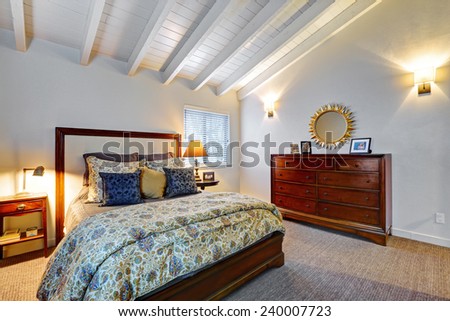 interior home beautiful classic master bedroom stock photo (edit nowinterior of home beautiful classic master bedroom with vaulted white wood ceiling and wood dresser