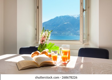 Interior Home, Traditional Breakfast On The Table, Lake View