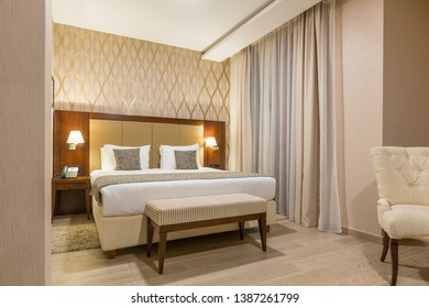 Interior of a hotel bedroom in the evening