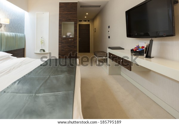 Interior Hotel Bedroom Wall Mounted Tv Stock Photo Edit Now