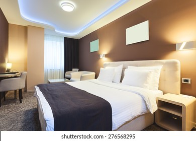 Interior of a hotel room for two persons. Modern luxury design. 
