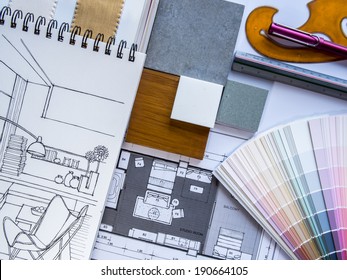 Interior Illustration Sketch With Material Color Scheme On White Table