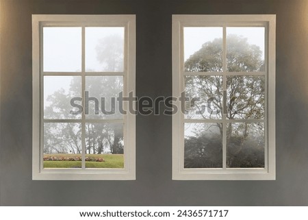 Similar – Image, Stock Photo View through a window covered with ice flowers to a lime tree with squirrel’s rook. | Winter mood