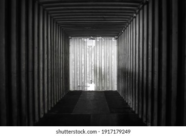 Interior Of Inside An Empty Shipping Cargo Container. Warehouse Logistics And Freight Transportation