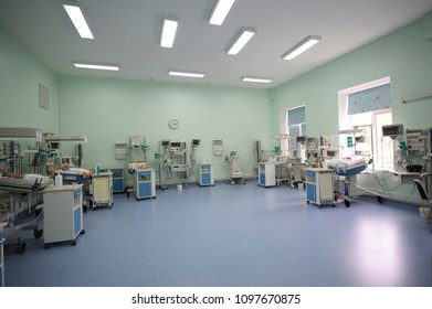 Interior of the intensive care unit with hospital beds and reviving apparatuses set. Press-tour to the Ukrainian Children’s Cardiac Center for mass-media. May 18, 2018. Kiev, Ukraine