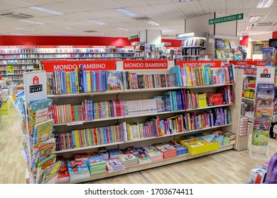 Interior Of An Italian Library. Shelves With Children's Books. Puglia, Italy - 14/04/2020