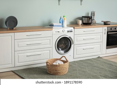 Interior Of Kitchen With Modern Washing Machine