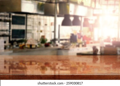 Interior Of Kitchen In Restaurant And Brown Top Of Table And Blur 