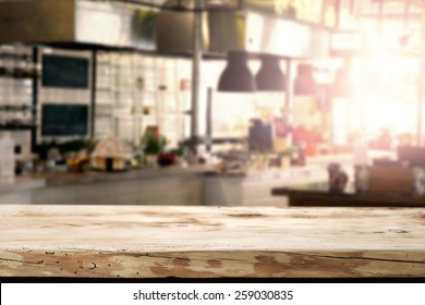 Interior Of Kitchen In Restaurant And Desk Of Retro Wood 