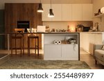 Interior of kitchen with table, counters and glowing lamps in evening