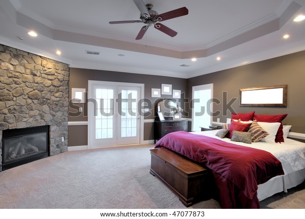 Interior Large Modern Bedroom Fireplace Ceiling Stock Photo