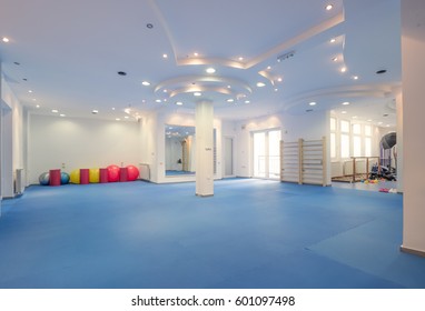 Interior Large Room, No People, Fitness Gym Physical Therapy, Equipment, Wall Bars, Balls