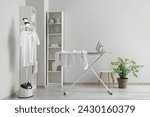 Interior of laundry room with garment steamer and ironing board