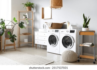 Interior of laundry room with washing machines and houseplants