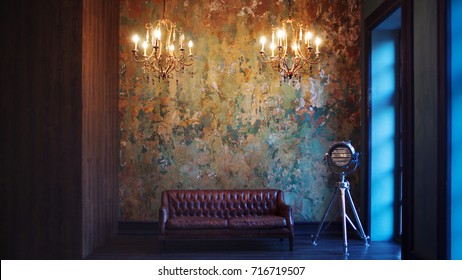 Interior With Leather Sofa And Luxury Lamp. Textured Background