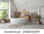 Interior of light bathroom with folding screen, bathtub and houseplants