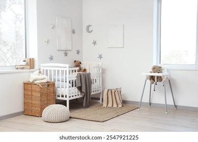 Interior of light children's bedroom with crib, toy stars and teddy bears - Powered by Shutterstock