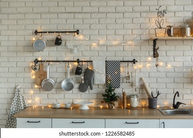 Interior Light Kitchen With Christmas Decor And Tree