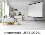 Interior of light living room with sofa and projector screen