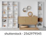 Interior of light living room with wooden commode and shelves