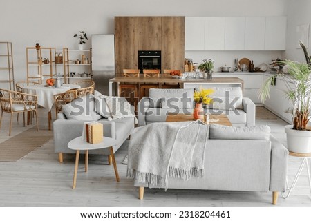 Interior of light open space studio apartment with kitchen and living room